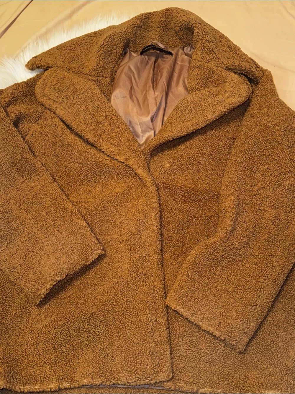 French Connection Teddy Coat Camel Brown Button Front Sherpa Faux Fur